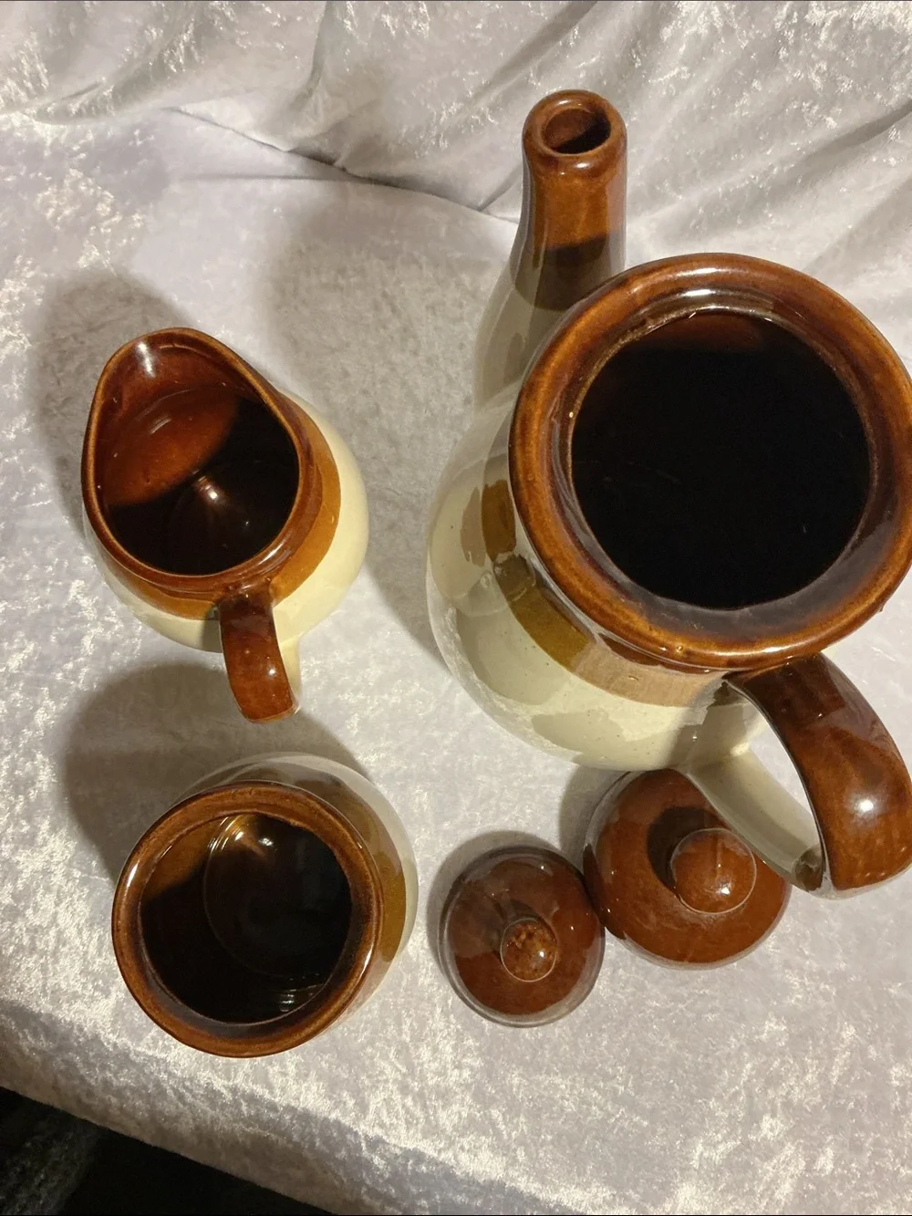 Brown and Cream Ceramic Coffee Set – Pitcher, Sugar Jar, Creamer
